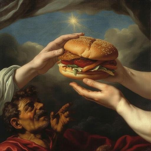 michelangelos the creation of Adam , two hands holding a burger --v 5.1 --s 750 --c 66