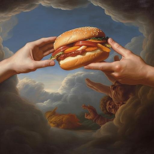 michelangelos the creation of Adam , two hands holding a burger --v 5.1 --s 750 --c 66