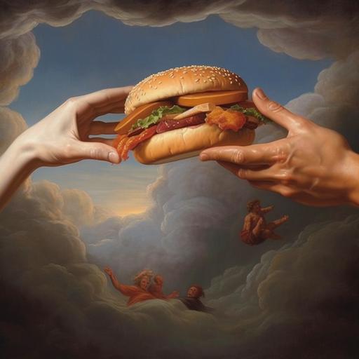 michelangelos the creation of Adam , two hands holding a burger --v 5.1 --s 750 --c 66