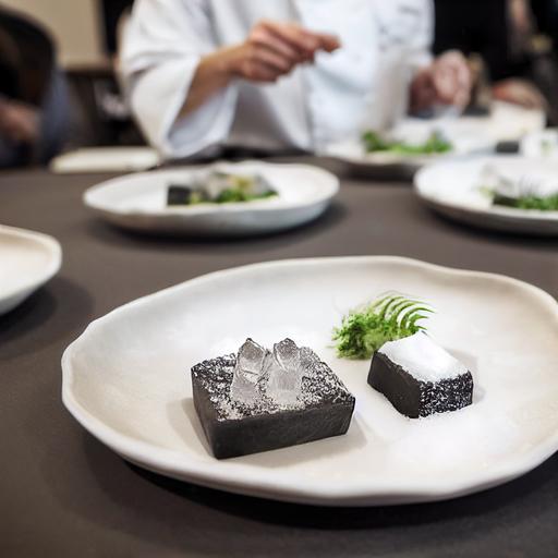 michelin chef tasting course with giant salt crystals on hand made ceramic plates, foodie --testp --upbeta --upbeta