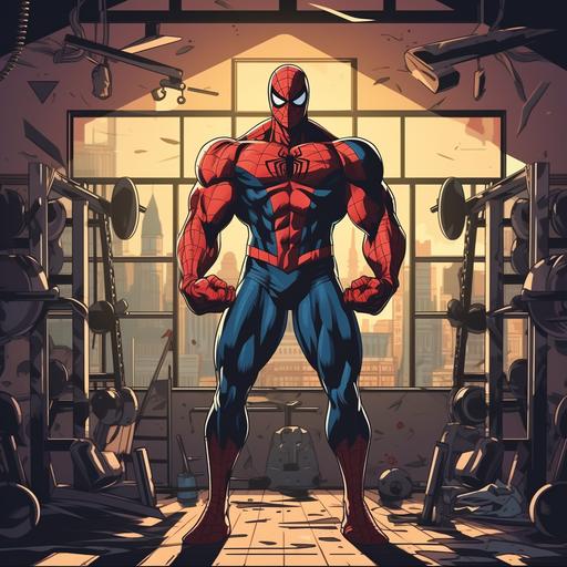 16:9 size canva with Spiderman workout in gym - cartoon Style