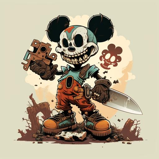 mickey mouse like skull, smile face, badass, chainsaw in hands, cartoon-like, digital