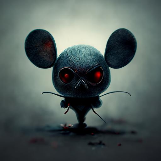 micky mouse,angry,cartoon,full body,dead mouse,dark,4K, background factory