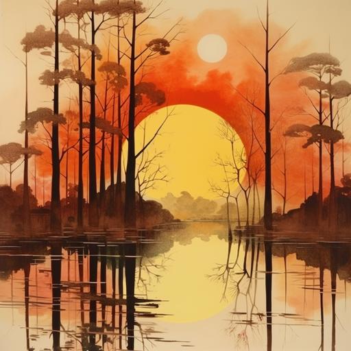 mid-century illustration, sunset, orange brown yellow red and amber , reflection on water, silhouete trees, watercolor