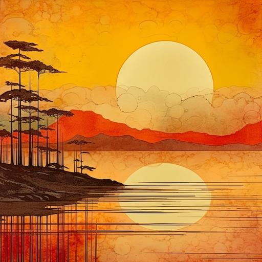 mid-century illustration, sunset, orange brown yellow red and amber , contains shimmering horizon