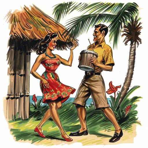 mid century modern tiki cartoon drawing of a woman dancing while a man plays a drum