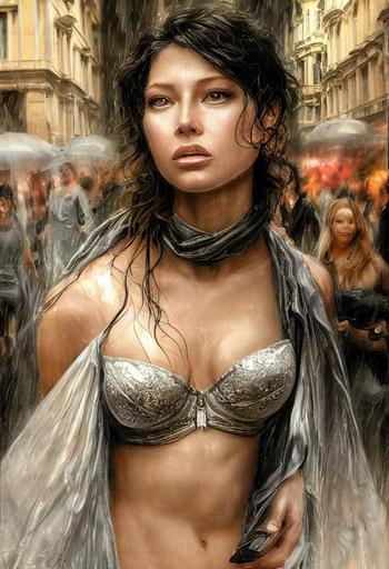 mid-lenght hyper realistic drawing by Louis Royo, young Jessica Biel with Luis Royo style silk bra is walking in corso galleria Vittorio Emanuele II Milano, crowded with business man and women going to work in early morning, haze, little rain, wet, hyper realistic, very detailed, rule of thirds, --ar 2:3 --seed 1234 --test --creative --upbeta