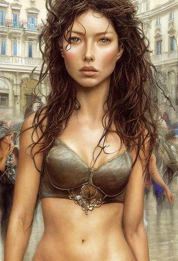 mid-lenght hyper realistic drawing by Louis Royo, young Jessica Biel with Luis Royo style silk bra is walking in corso galleria Vittorio Emanuele II Milano, crowded with business man and women going to work in early morning, haze, little rain, wet, hyper realistic, very detailed, rule of thirds, --ar 2:3 --seed 1234 --test --creative --upbeta