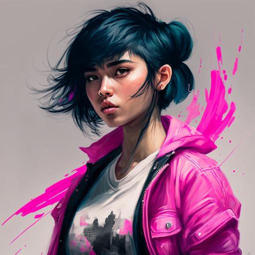 mid twenties, asian girl, short black hair with neon pink streak, blowing bubblegum, relaxed, cool pink jacket, ripped jeans, fantasy pink bow and arrow