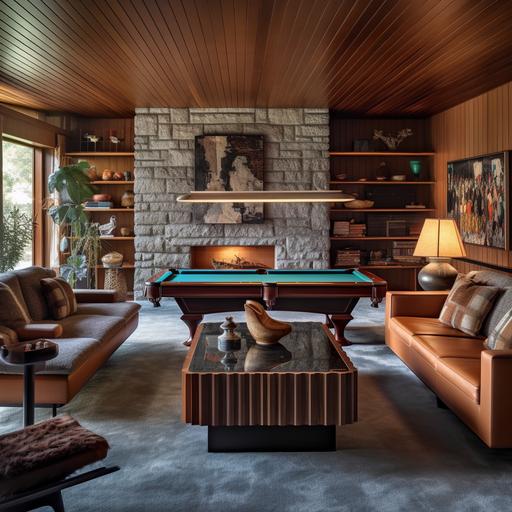 midcentury lounge room with stone fireplace, built-in mahogany cabinets, mahogany wall stripes, sofa, accent tables and pool table in the center. make based on what is most Instagramable — v 5.1