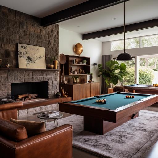 midcentury lounge room with stone fireplace, mahogany cabinets, sofa, accent tables and pool table in the center. make based on what is most Instagramable — v 5.1