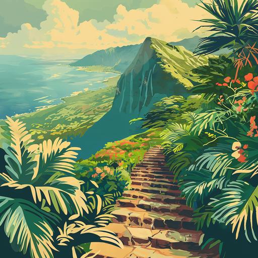 midcentury travel poster, cartoon, Stairway to heaven hike Oahu Hawaii --v 6.0