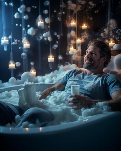 middle-aged athletic man relaxing in a bathtub filled with milk, 70s minimalistic bathroom interior, thalassocore, candles, smoke, light particles, professional photography, cinematic lighting,unusual angle, film grain, uhd --ar 4:5 --upbeta --s 250 --style raw