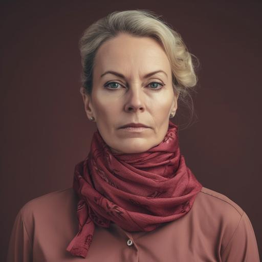 middle-aged female teacher caucasian looking sad with mouth covered realistic photo contemporary clothing middle class