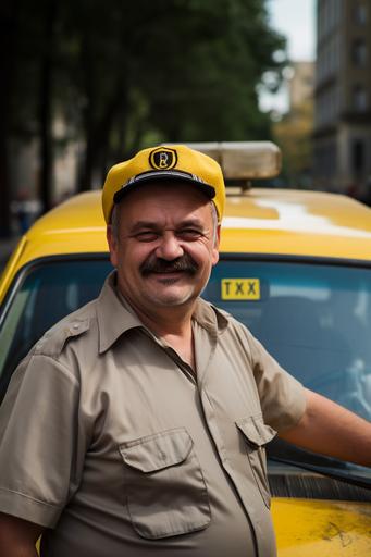 middle-aged lithuanian taxi driver, smiling, taxi sign visible above car --ar 2:3 --s 50