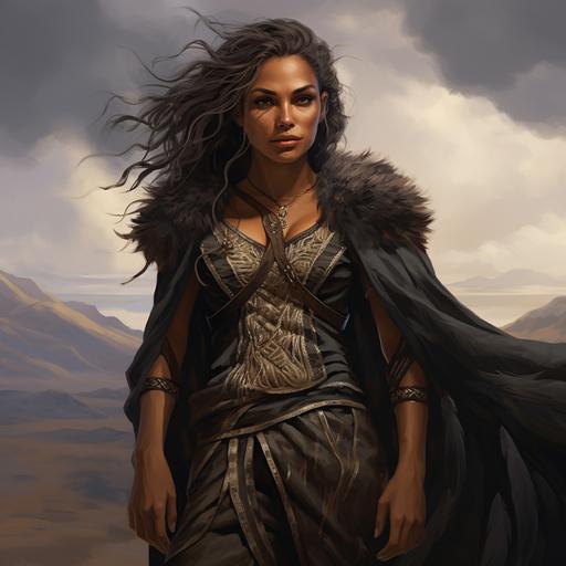 middle aged mature tanned woman with braided hair, Druid, Dungeons and dragons, black, fantasy, black feathers, sad,sad smile, windy, fantasy, full body