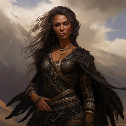 middle aged mature tanned woman with braided hair, Druid, Dungeons and dragons, black, fantasy, black feathers, sad,sad smile, windy, fantasy, full body