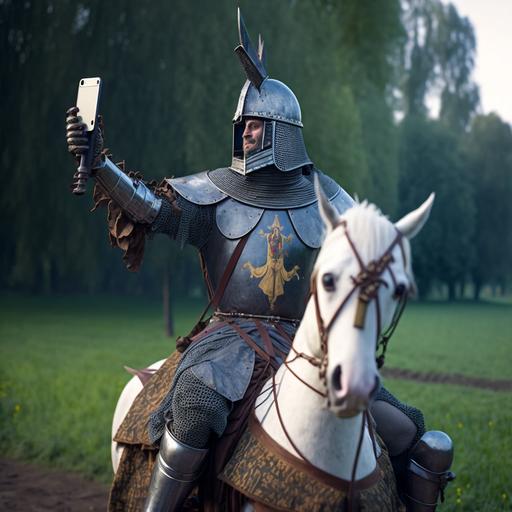 middle ages, knight on a horse taking a selfie with a smartphone during a battle, full body picture, funny pose, dirty and used armor, realistic, 8k