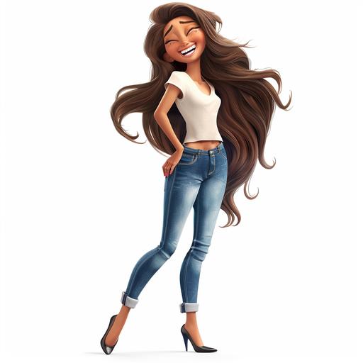 middle east beautiful woman, laughing so much, profile view, long wavy brown hair. She is wearing a simple white tee-shirt and blue jeans with black heels, cartoon style, pixar quality, highly detailed, full body, white bg, Pixar, 3D