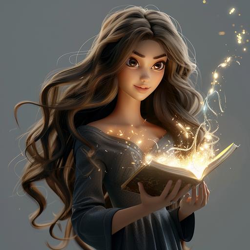 middle east grown woman with long wavy brown hairs with an open book in her hand. Gold magic comes out of her book, cartoon style, pixar quality, highly detailed, full body, grey background with light behind her, Pixar, 3D
