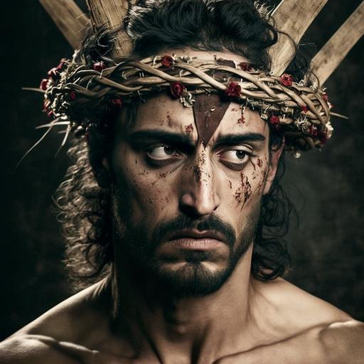 middle eastern Man nailed to a cross, with a crown of thorns