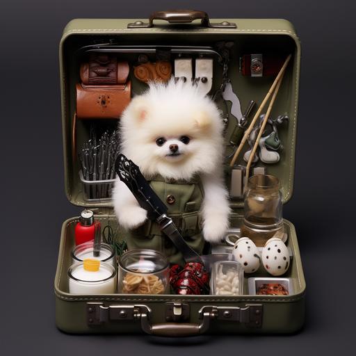 An exploded apart military Bento box, filled with camouflage velvet, a white pomeranian officer, a miniture automatic weapon, a minature grenade, a minature nunchucks and a miniture dynamite stick.