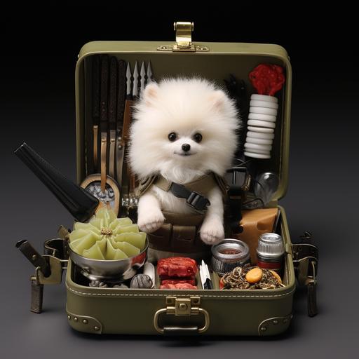 An exploded apart military Bento box, filled with camouflage velvet, a white pomeranian officer, a miniture automatic weapon, a minature grenade, a minature nunchucks and a miniture dynamite stick.