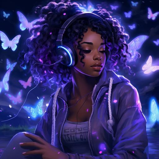midnight color, black butterfly, anime, 2d, photo realism, night sky with stars background, hint of electric blue or vibrant purple, character, african american, gamer with headphones