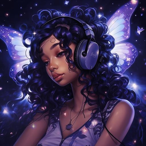 midnight color, black butterfly, anime, 2d, photo realism, night sky with stars background, hint of electric blue or vibrant purple, character, african american, gamer with headphones