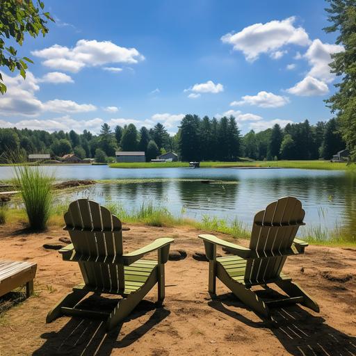midwestern 20 acre field backyard with private 2 acre pond, the sand beach, chairs a fire pit, fountain in the middle, and nothing around it,large sandy beach area fir kids to play and adults to swim, deck on side for fishing, with lots of trees in background