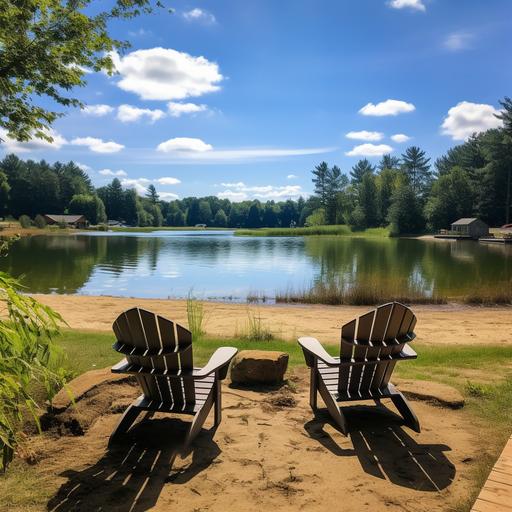 midwestern 20 acre field backyard with private 2 acre pond, the sand beach, chairs a fire pit, fountain in the middle, and nothing around it,large sandy beach area fir kids to play and adults to swim, deck on side for fishing, with lots of trees in background