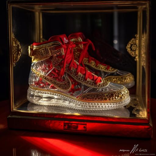mike jordan style sneaker, red embroidary, red ribbon laces, gold aglate, displayed in crystal box , high fashion photography --v 5.0 --s 750