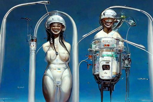 male and female different races smiling, connected by tubes medical equipment enormous machines, next to a solarpunk ultra sleek  double-wheel space station::2., breathing apparatus, plants, glass bottles, vials, reliquary, translucent hologram, clear walls, vending machine, incinerator, plasma, vegetation, cinema low-angle, in style of hajime sorayama and vintage medical illustrations and frank frazetta and cyberpunk --w 1800 --h 1200
