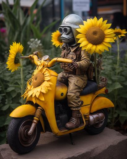 militaristic sunflower guerrilla garden gnome riding a vespa --ar 4:5 --v 5