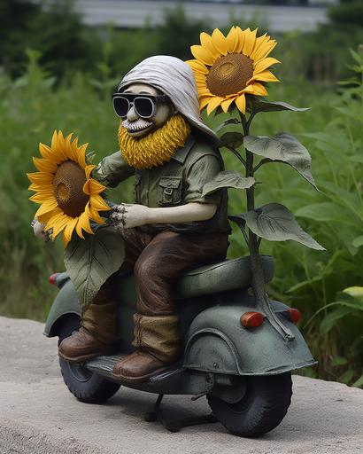 militaristic sunflower guerrilla garden gnome riding a vespa --ar 4:5 --v 5