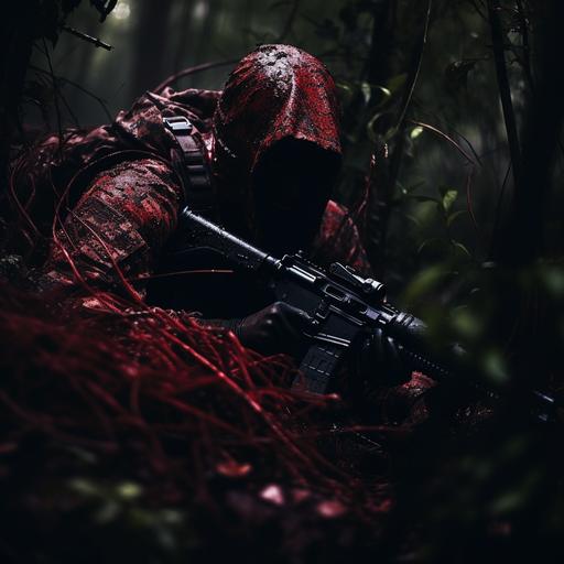 military guy in dark red camouflage suit making a shelter in the dark creepy forest