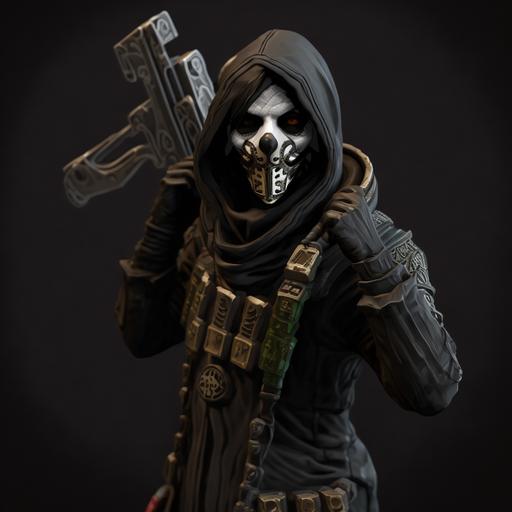 military operative, skull decal mask, black cloak
