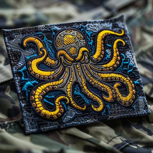 military patch with a angry looking yellow blue ringed octapus on it. elite military team patch, embroidered on camouflage fabric, ar 20:9, Photographic high-resolution image, with t .ex. long shutter speeds and strong contrast, TEXTURE, SHADOWS, LIGHTING, STYLE, ULTRA-DETAILED, PHOTO REALISTIC, PHOTO REALISM, up beta