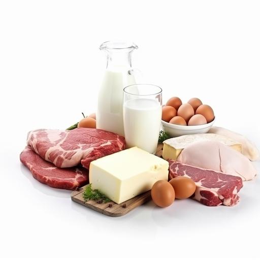 milk carton, A glass of milk, A Beef in food trays, A Pork belly in food trays, A Chicken in food trays, A package of eggs, group photo, white background, wide view, 4k