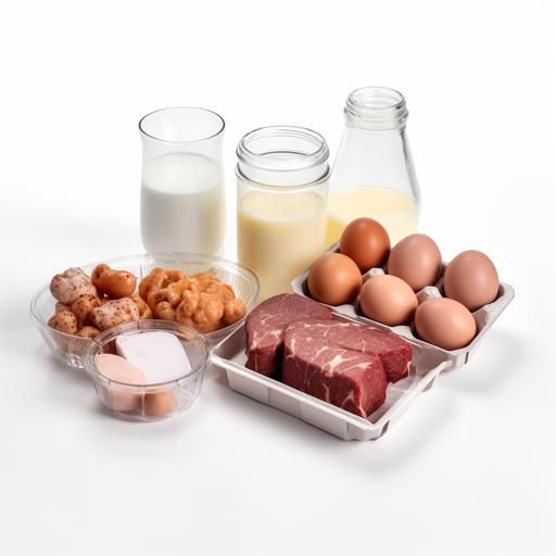 milk carton, A glass of milk,Beef in food trays, Pork belly in food trays, Chicken in food trays, A package of eggs, some eggs, group photo, white background, wide view, 4k