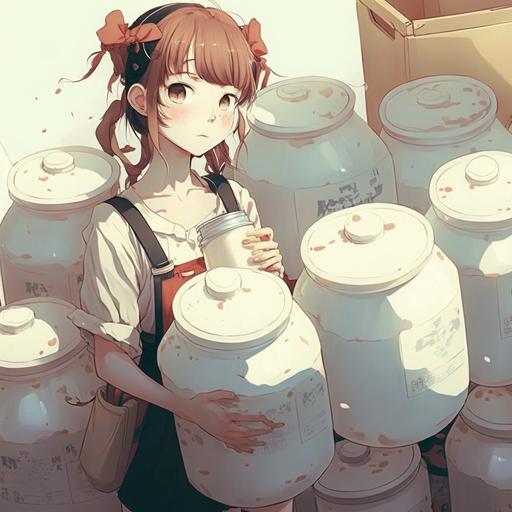 milk, full milk in a buckets, many buckets, an overflow of milk, anime