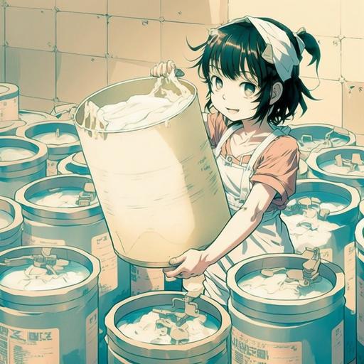 milk, full milk in a buckets, many buckets, an overflow of milk, anime