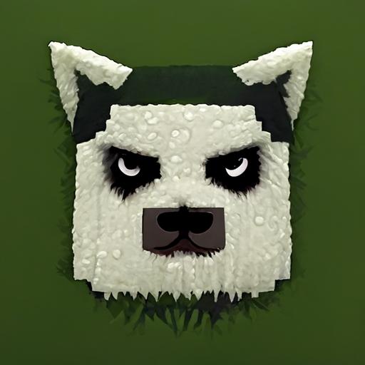 minecraft dog green eye patch in a forest raining black and white fur scary face with really sharp teeth