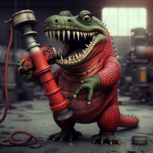 mini alligator red, he is strong, he have a hydraulic hose in his hand, standing, angry, in the background a industry
