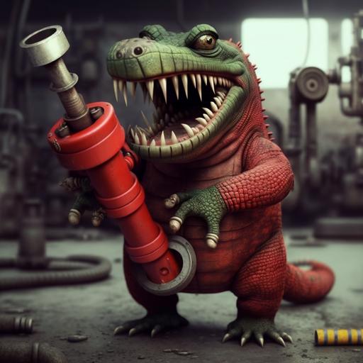 mini alligator red, he is strong, he have a hydraulic hose in his hand, standing, angry, in the background a industry