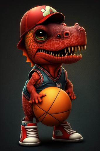 mini cute dino basketball red fire colored wearing Basketball clothes colored, 3d high quality. --v 4 --ar 2:3