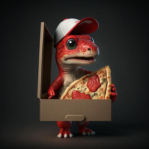mini cute dinosaur, red shirt, pizzeria waiter, Red Cap, red pizza box in hands, high resolution, 8k, hyper realistic