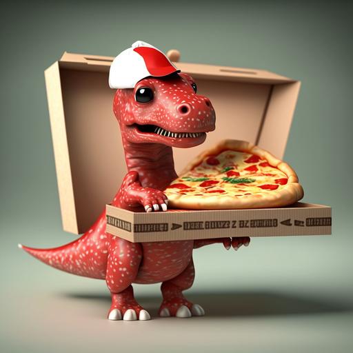 mini cute dinosaur, red shirt, pizzeria waiter, Red Cap, red pizza box in hands, high resolution, 8k, hyper realistic