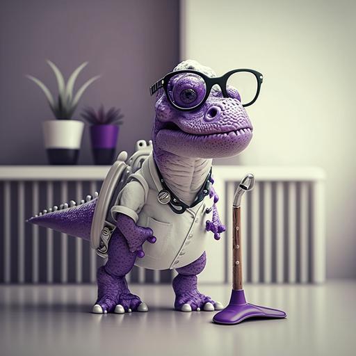 mini cute little lilac therapist dinosaur whit glasses in physician's office next to CRUTCHES