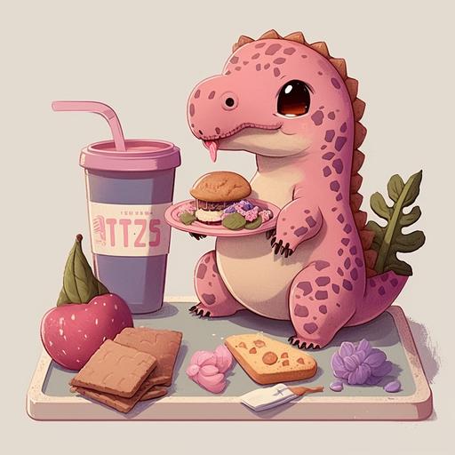 mini cute pink dino with a plate of snacks